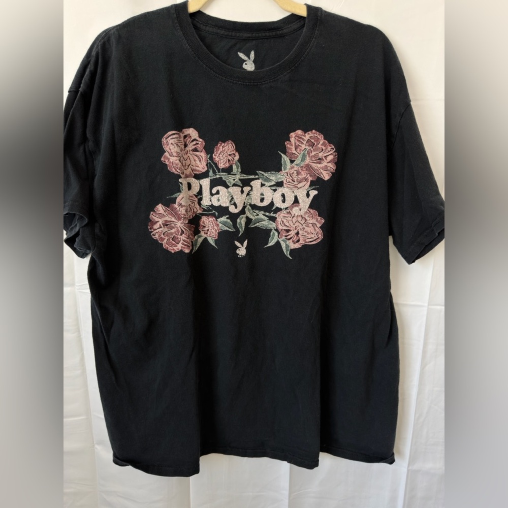 Playboy Black Tee with Pink Rose Design